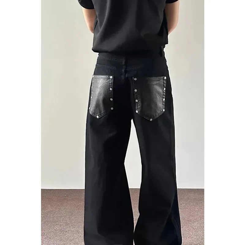 Men's Jeans Black Baggy Denim Pants American Style Rivet Five Button Pocket Loose Fit Streetwear Man Pants