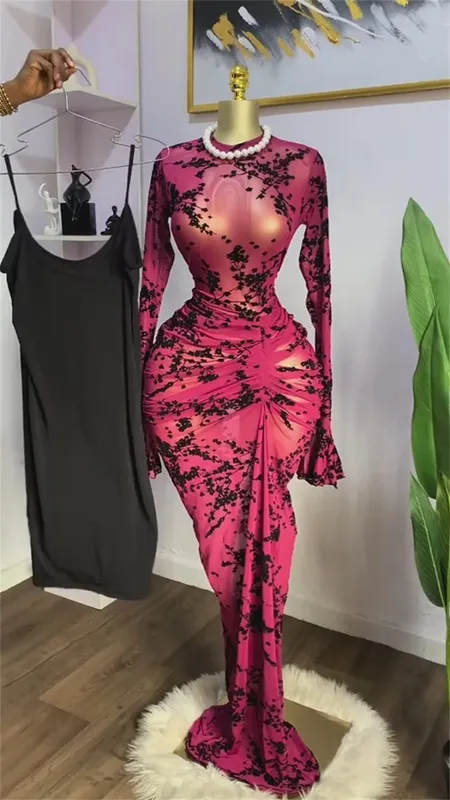 CM.YAYA 2025 Women Long Sleeve Ruched Mesh See Though with Lining Bodycon Long Dress Fall Evening Birthday Sexy Party Dresses