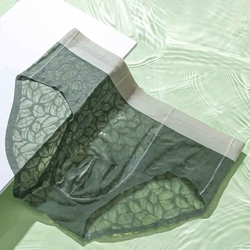 Männer Eis Seide Ultra-dünne Kurze Unterwäsche Nahtlose Spitze Jacquard Atmungsaktive Höschen 3D Ausbuchtung Beutel Transparent Mesh Dessous