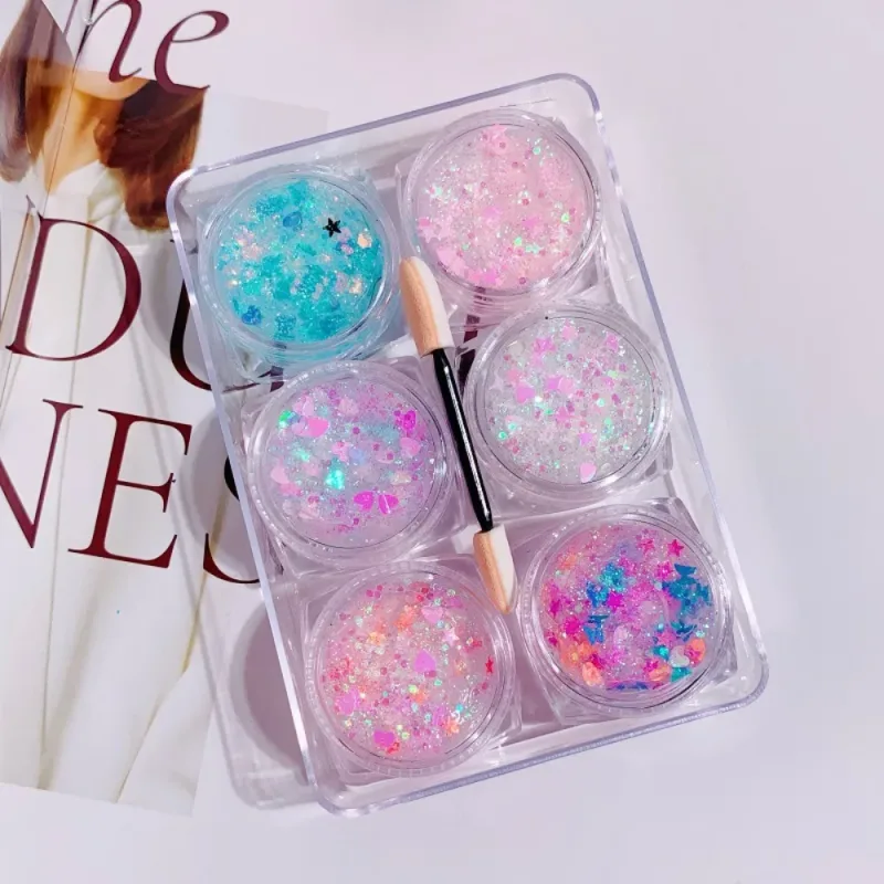 6Pcs/Set Sparkly Colorful Eye Glitter Gel Festival Glitter Face Hair Sequin Gel Cream Heart Star Moon Sequins