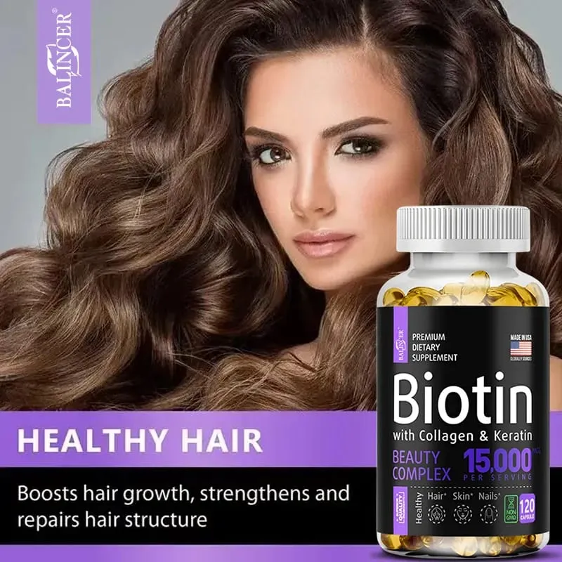 Biotin Supplement - 15 000 Mcg with Collagen and Keratin Vitamins Shiny Hair Skin and Nails Joint Health 30/60/120 Capsules