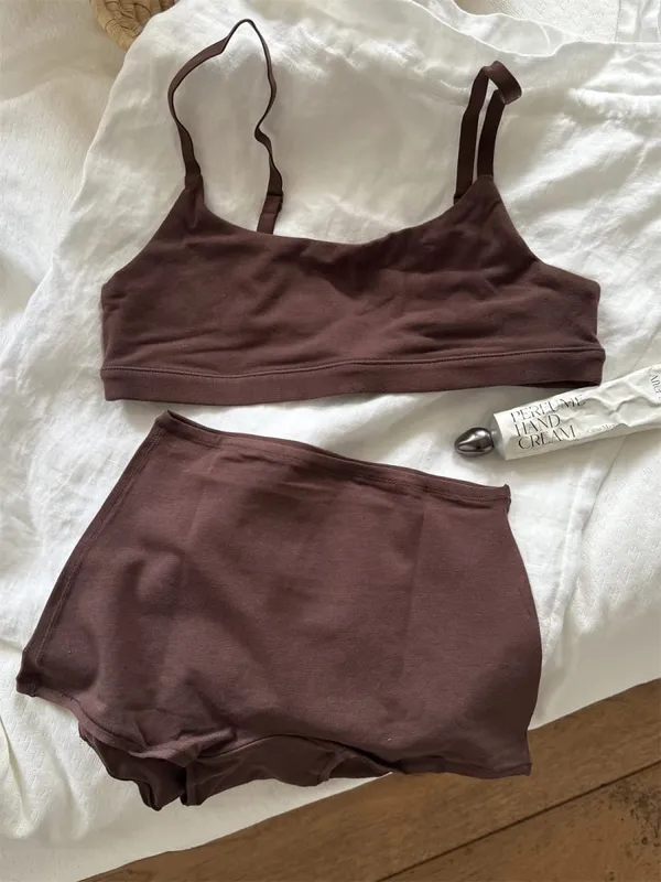 Solid Cotton Sport Set Woman Adjusted-strap Seamless Bras+Low Waist Boxer Briefs Casual Simple High Elasticity Lingerie Sets