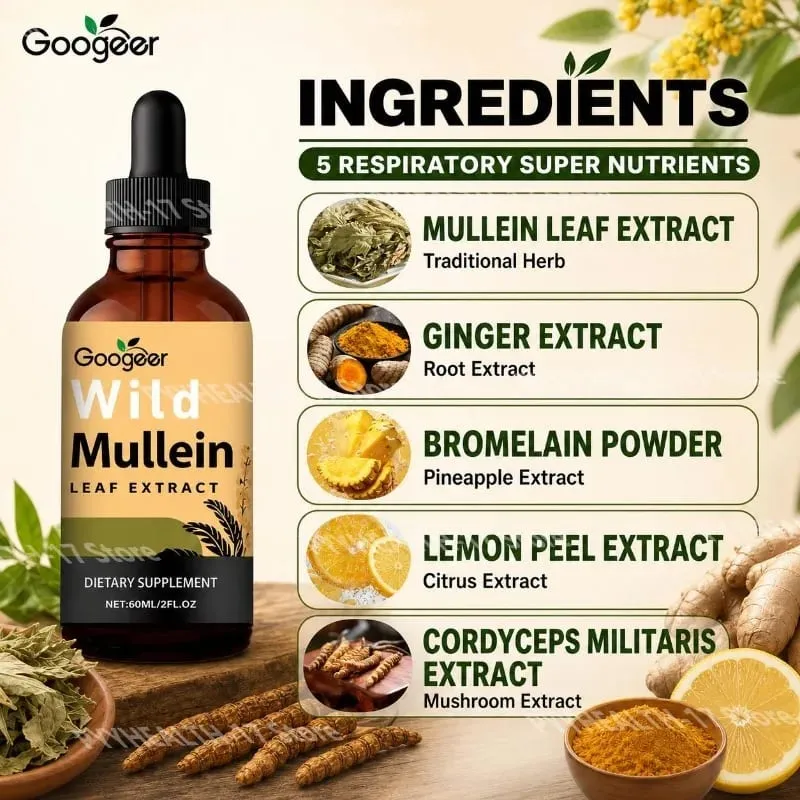 Googeer Yabani Sığırkuyruğu Yaprağı Ekstresi Sıvı Solunum Desteği Zencefil Limon Kabuğu Ekstresi Bromelain ve Cordyceps Ekstresi 60 ML