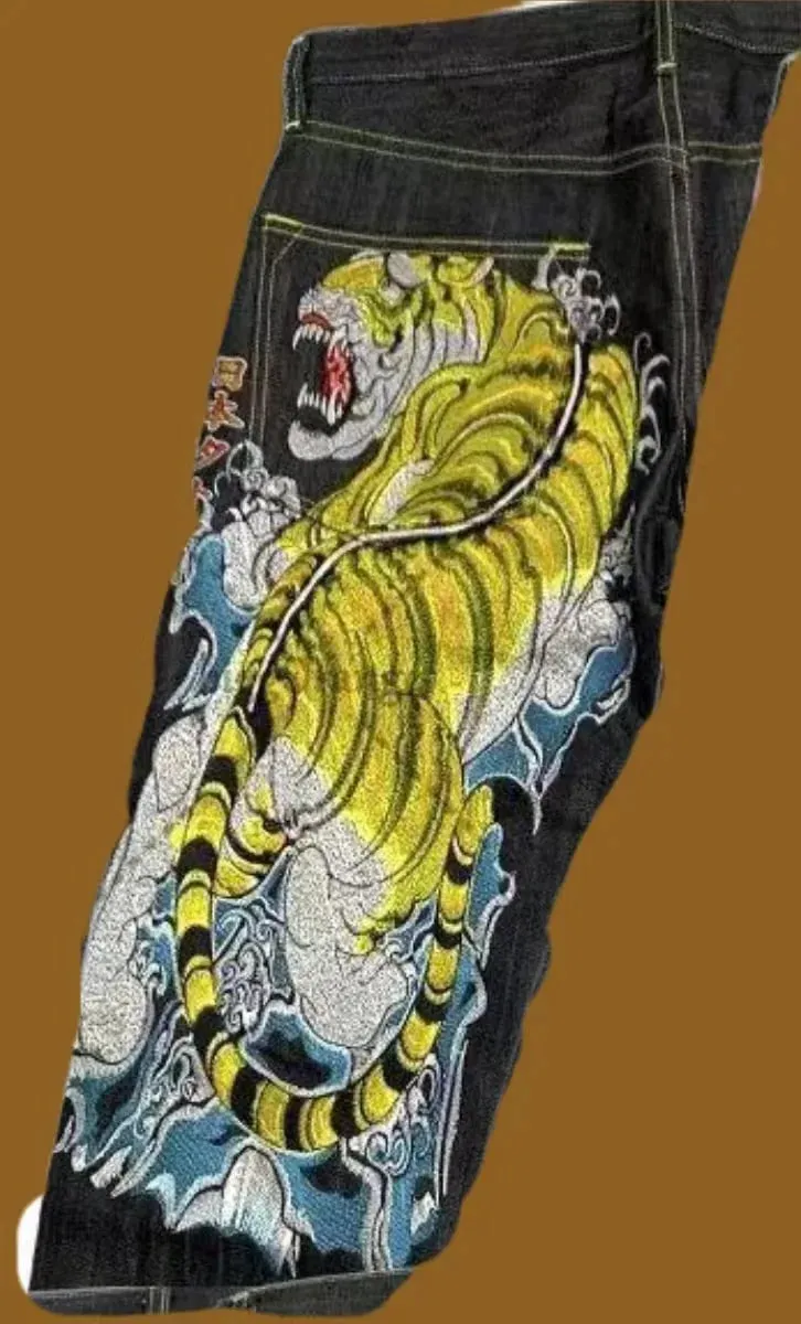 Japanese hip-hop Brocade carp printed jeans same style couple washed high waist retro casual loose ins straight wide leg pants — image 12