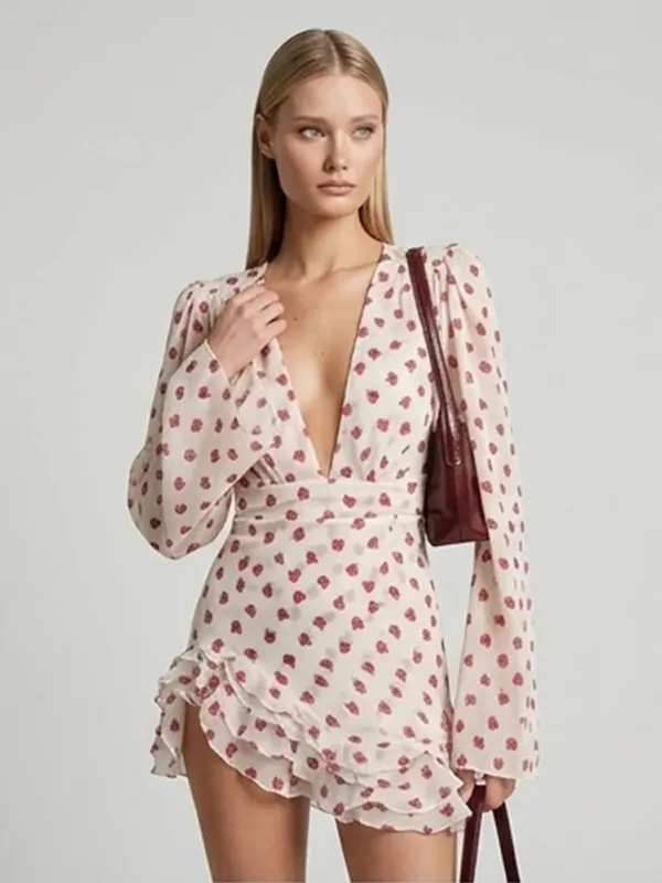Collection Of Popular Printed Short Dress Deep V Neck A-line Bodycon Party Dresses 2026 Lady Spring Summer Vacation Outfits New
