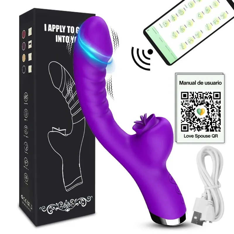 20 režimů Aplikace Porn Tongue Dildo Vibrátor Bod G Bod G Vagina Masážní hůlka Stimulátor olizování klitorisu Dospělé Ženy Ženy Sexy sexuální hračky