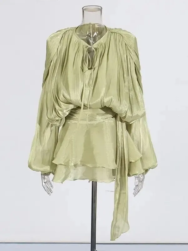 Elegant Ruched Mini Dress For Women Round Neck Lantern Long Sleeve High Waist Temperament Dresses Female Fashion