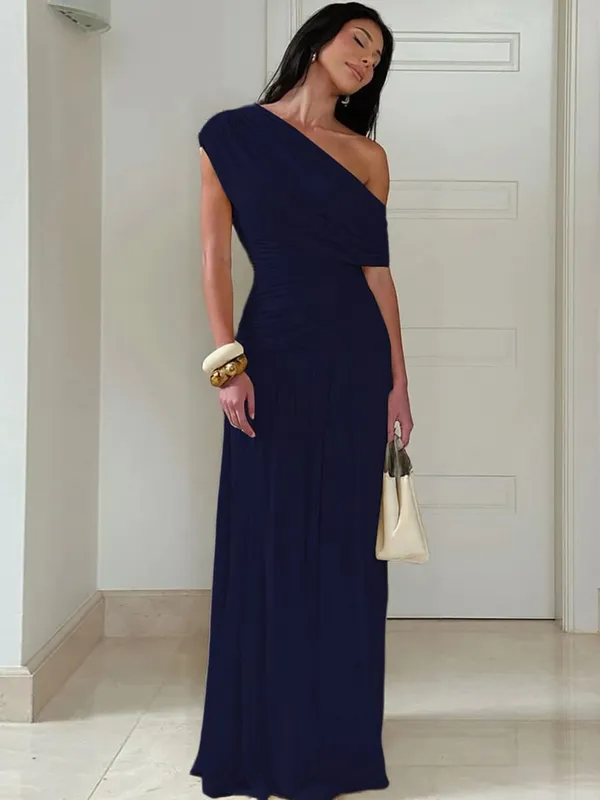 Hugcitar One Shoulder Ruched Sleeveless Solid Pleated Sexy Irregular Y2K Maxi Dress Summer Elegant Party Women Clothes Vacation