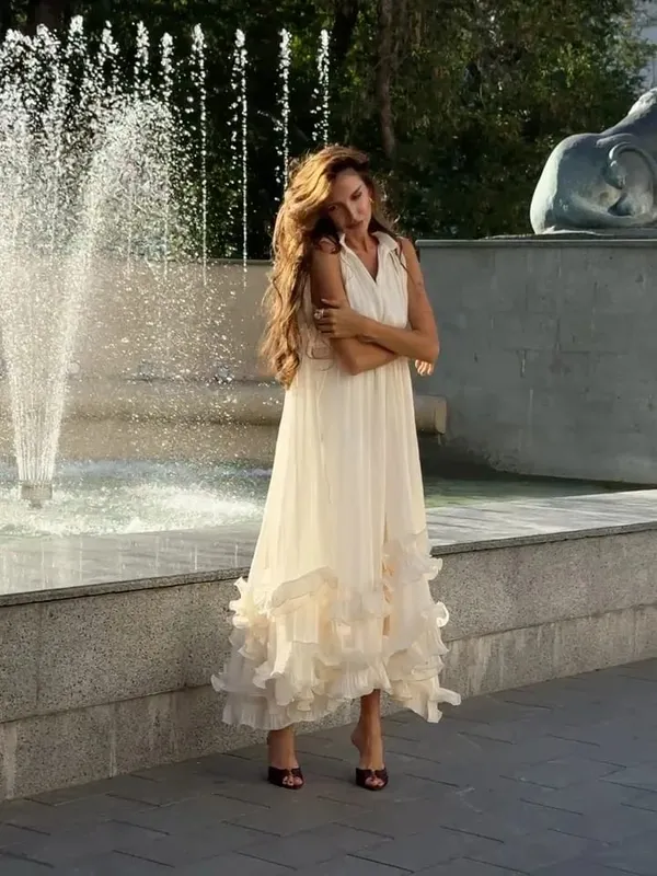 Solid Multi-layer Ruffled Maxi Dress Women Elegant Sleeveless Off-shoulder High Waist Dresses Lady New Chic Vacation Party Gowns