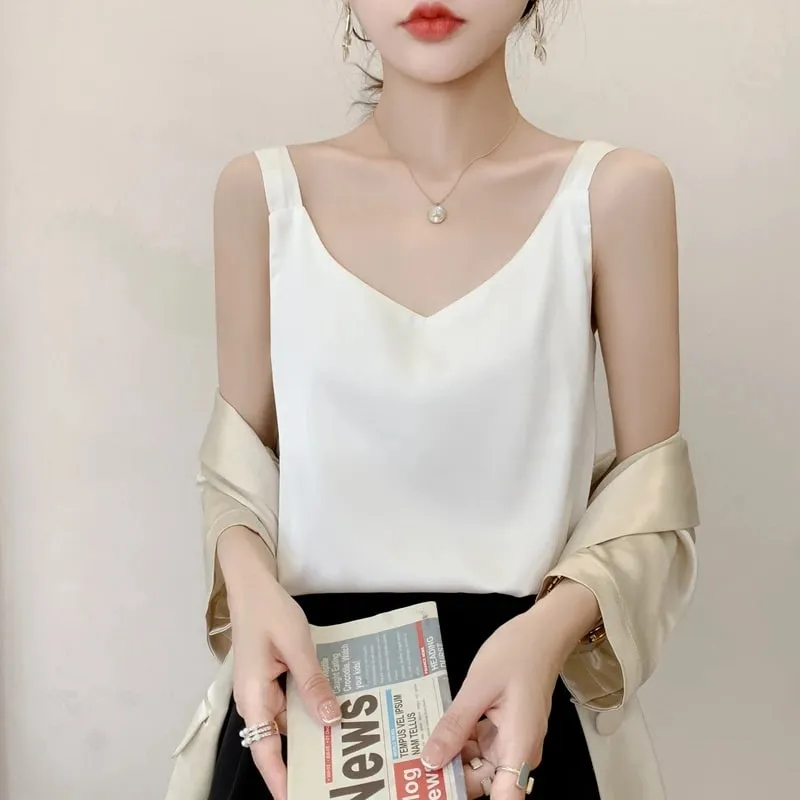 Silk Camisole Ladies Summer Suit Inside V-Neck Satin Bottoming Vest 2025 Thin Loose Sleeveless Sling Silk Tops Small Shirt Trend — image 2