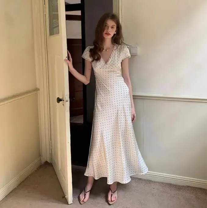 2025 vestidos con estampado de puntos rosas vestido MIDI de encaje de verano vestido Sexy con cuello en v para mujer vestido de noche de fiesta de manga corta — image 7