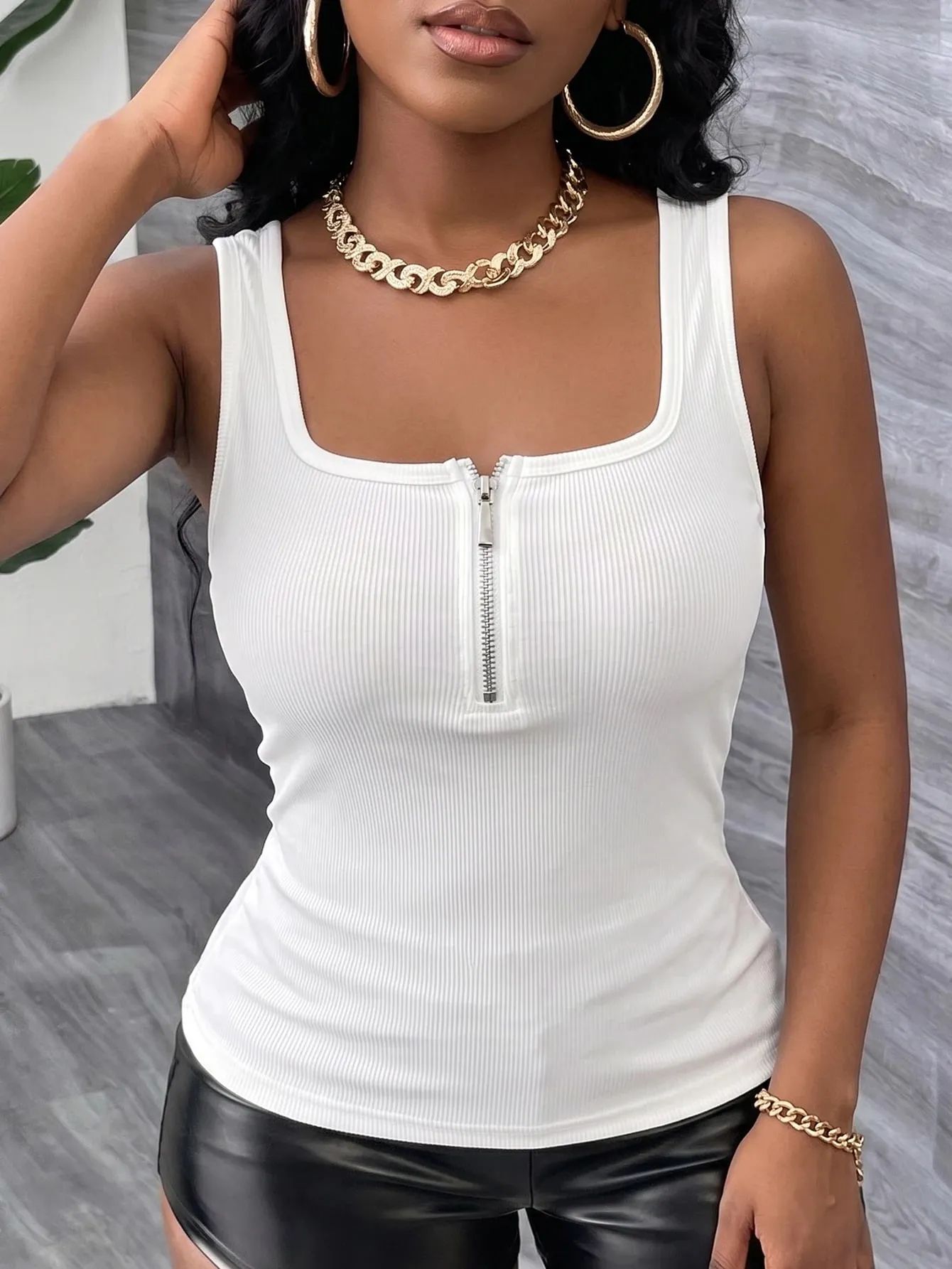 Women's Mock Half-Zip Tank Top Ribbed Solid Color Sleeveless Cami Top Fashion Soft Casual Sports Vest Top — image 4