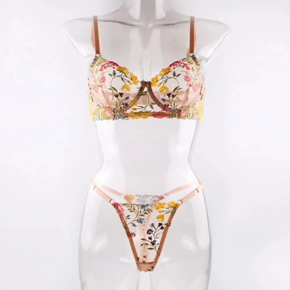 2-Piece Floral Lingerie Set Sheer Versatile Underwear Intimates Embroidery Underwire Push-up Bra Panty Set For Lady Girl