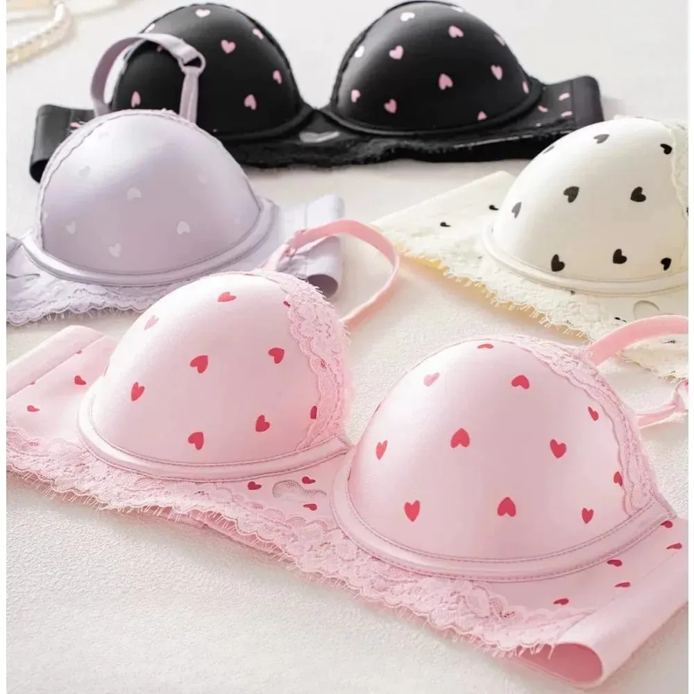 Set Celana Dalam Bra Renda Hati Manis Kawaii Koleksi Samping Payudara Kecil Push Up Pakaian Dalam Wanita Nyaman Anti Kendur Lingerie Ukuran 32-38 — image 2