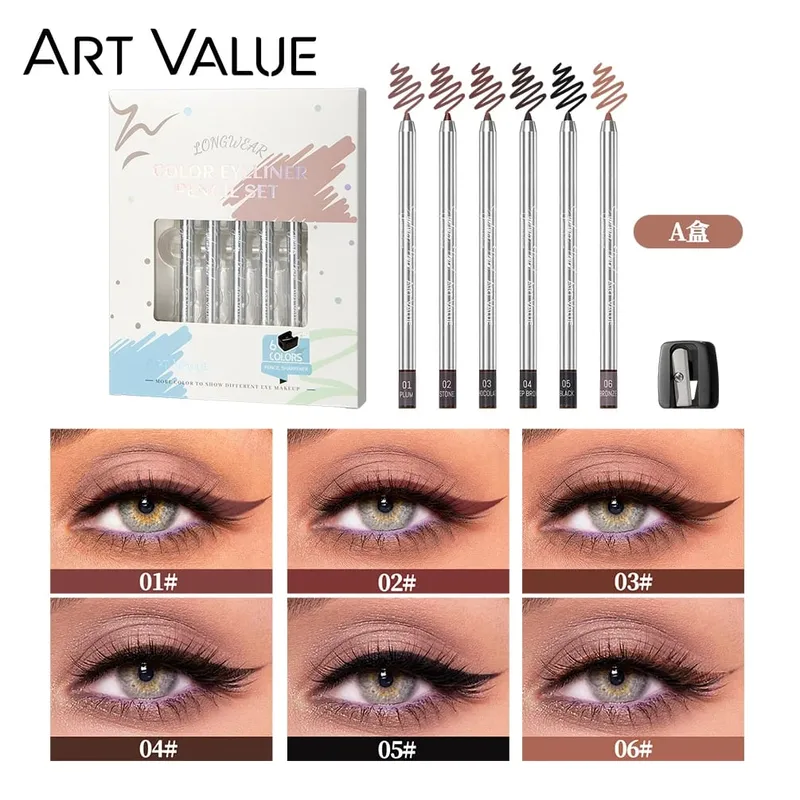 ART VALUE 6 Color Matte Eyeliner Pencil Makeup Sets Easy Coloring Sweat Proof Eyeshadow Pencil Lasting Shimmer Eyeliner Cosmetic