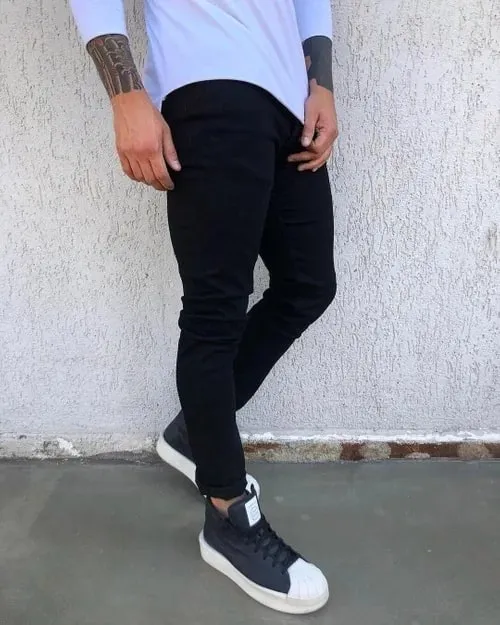 Spring Autumn New Black Stretch Men's Jeans Slim Small Feet Casual Simple Solid Color Male Skinny Denim Trousers Streetwear