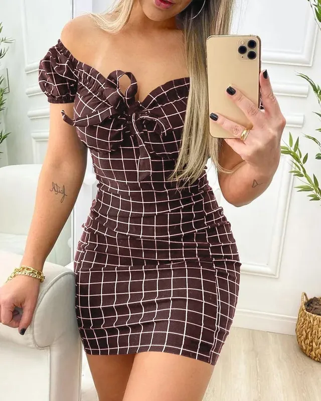 Summer dress sexy package buttocks maikling palda ng cross border grid print dress