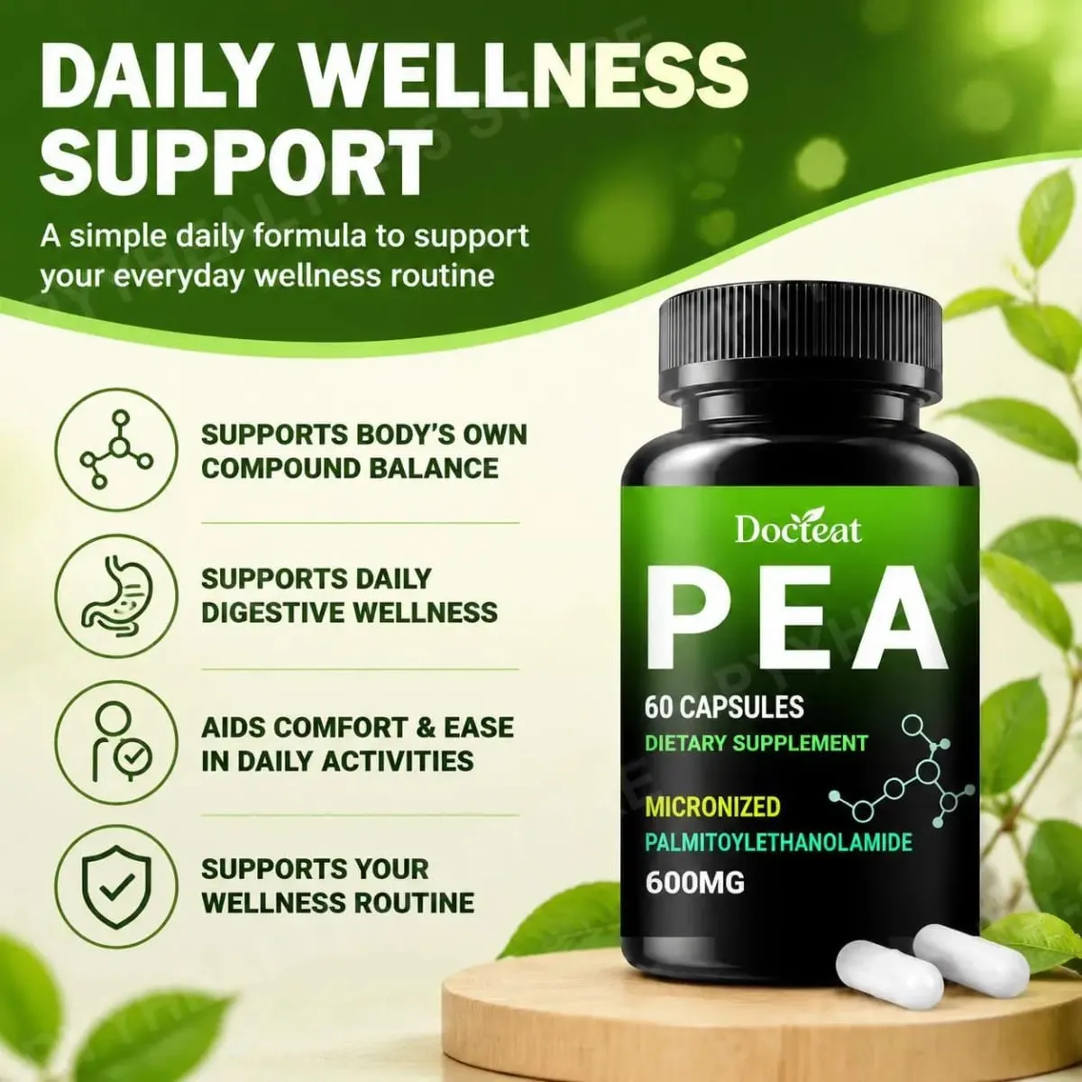 Docteat PEA 600mg Capsules Micronized Palmitoylethanolamide Supports Compound Balance Maintenance Comfort and Ease 60 Capsules