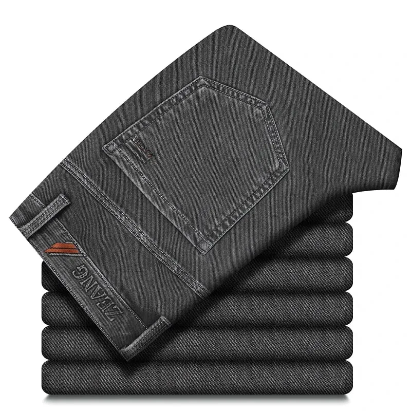 Classic Straight Men's Stretch Jeans Lyocell Cotton Comfortable Soft Casual Denim Pants Spring Business Work Gray Trousers