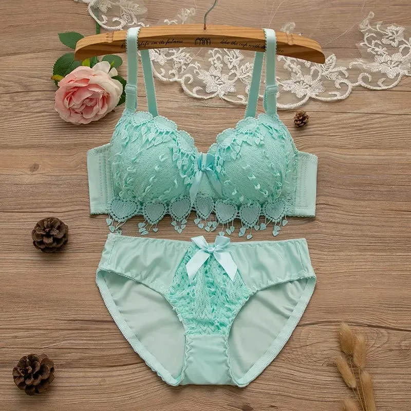 Women Wireless Lingerie Set Tassel Lace Bow Decor Push‑Up Bra & Panty Suit Adjustable Straps Ladies Intimate Underwear 32-38