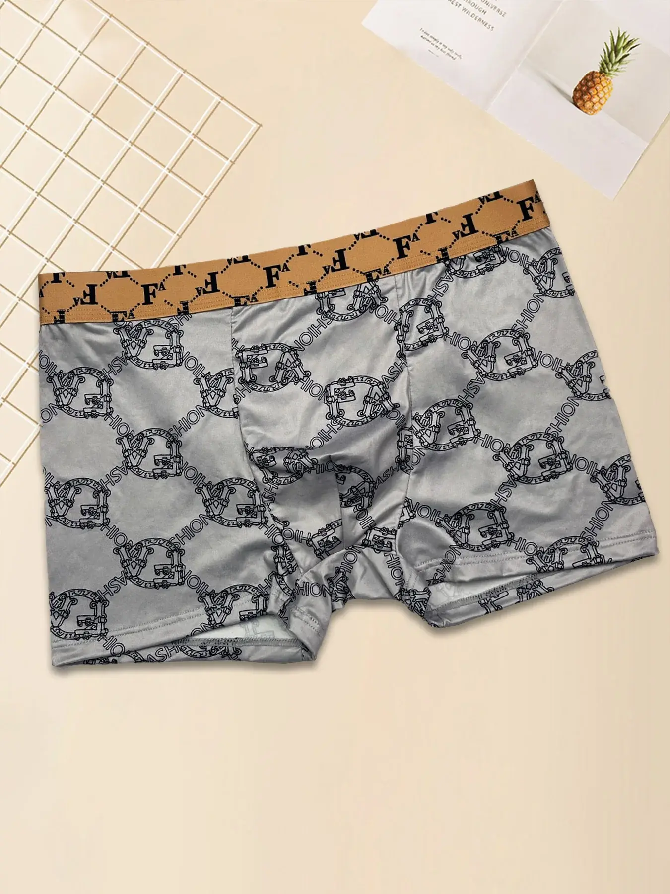 Men's 4PCS Luxury Printed Flat Corner Underwear Gold Belt Luxury Soft Breathable Comfortable Underwear Youth Boxing Pants