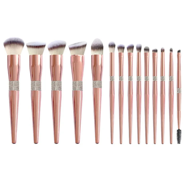 New 14 Pcs Luxury Rose Gold Bling Rhinestone Makeup Brushes Set Glitter Diamond Vegan Makeup Brush Set With Rhinestone