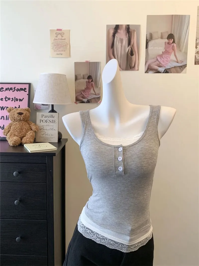 Women Fake Two Piece Lace Trim Tank Tops With Built-in Bra Pads Ribbed Viscose Sleeveless Camisole Slim Fit Crop Vest A6493