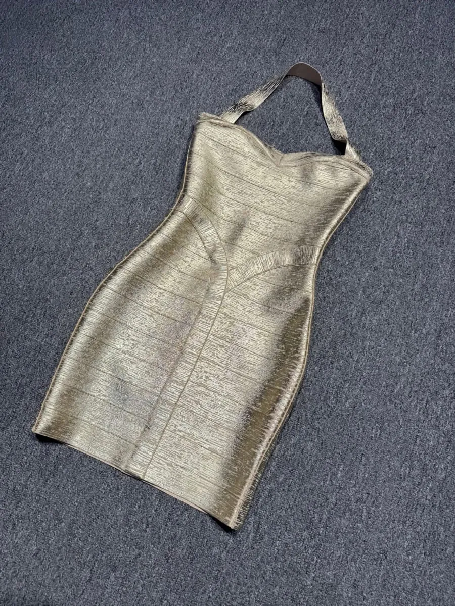 Gerçek Fotoğraflar Kadın Altın Bronzlaşmaya Bandaj Elbise Bodycon Mini Yüksek Sokak Akşam Kulübü Parti Mezuniyet Elbisesi Toptan Dropship