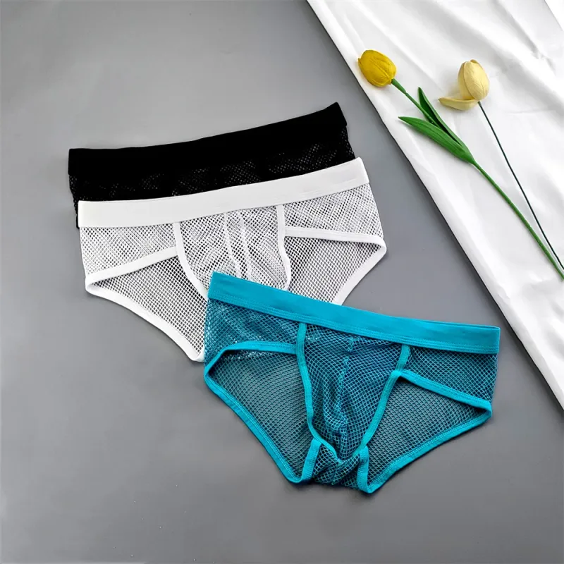 Hollow Out Fishnet Men's U Convex Briefs Breathable Mesh Low Waist Fully Transparent Underwear Perspective Lingerie