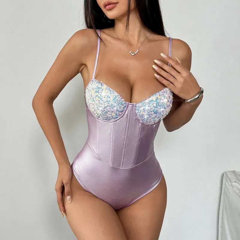 Sleeveless Spaghetti Strap Summer Sequin Underwire Satin Bodysuit Women 2026 Streetwear Sexy Club Outfits One-piece Body Top