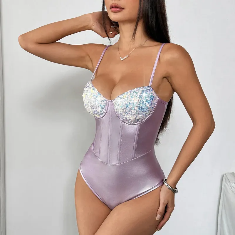 Sleeveless Spaghetti Strap Summer Sequin Underwire Satin Bodysuit Women 2026 Streetwear Sexy Club Outfits One-piece Body Top