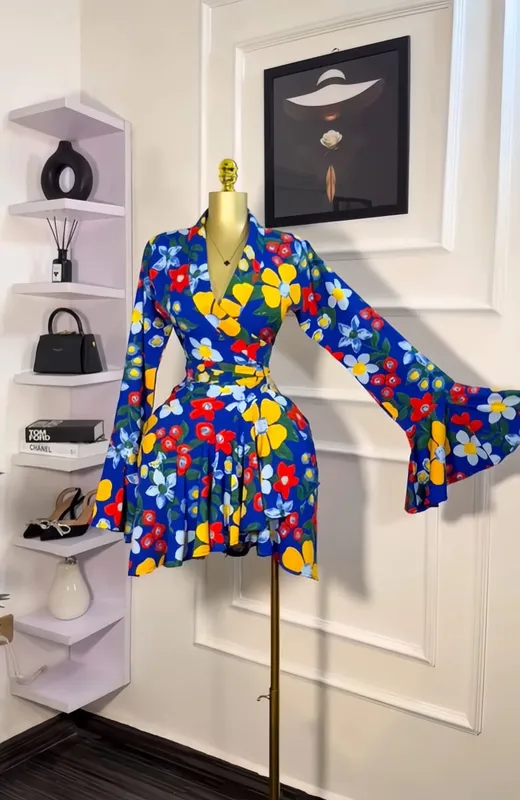 Robe portefeuille à manches longues évasée pour femmes, imprimé Tie and Dye, col en v, avec ceinture, à volants, élégante, robes de fête d'anniversaire, de vacances, 2026