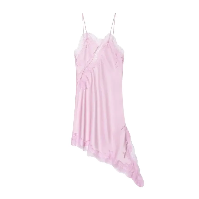 Bruin Satijn Kant Splicing Sling Jurk Vrouwen Elegante Onregelmatige Zoom V-hals Backless Mouwloze Jurk Chic Vrouwen Party Club vestidos