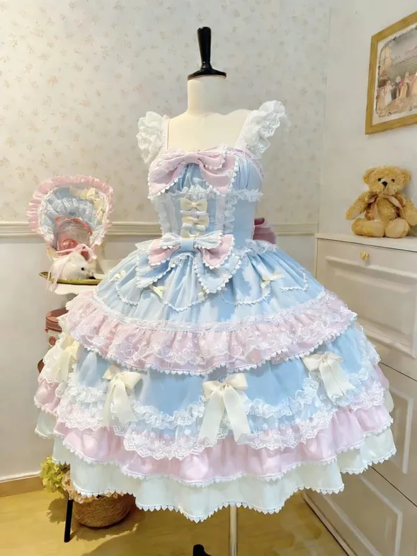 Y2K Sweet Lolita Jks Strap Dress Women Solid Ruffle Lace Bow Patchwork Kawaii Princess Ball Gown Knee-Length Elegant Party — image 10