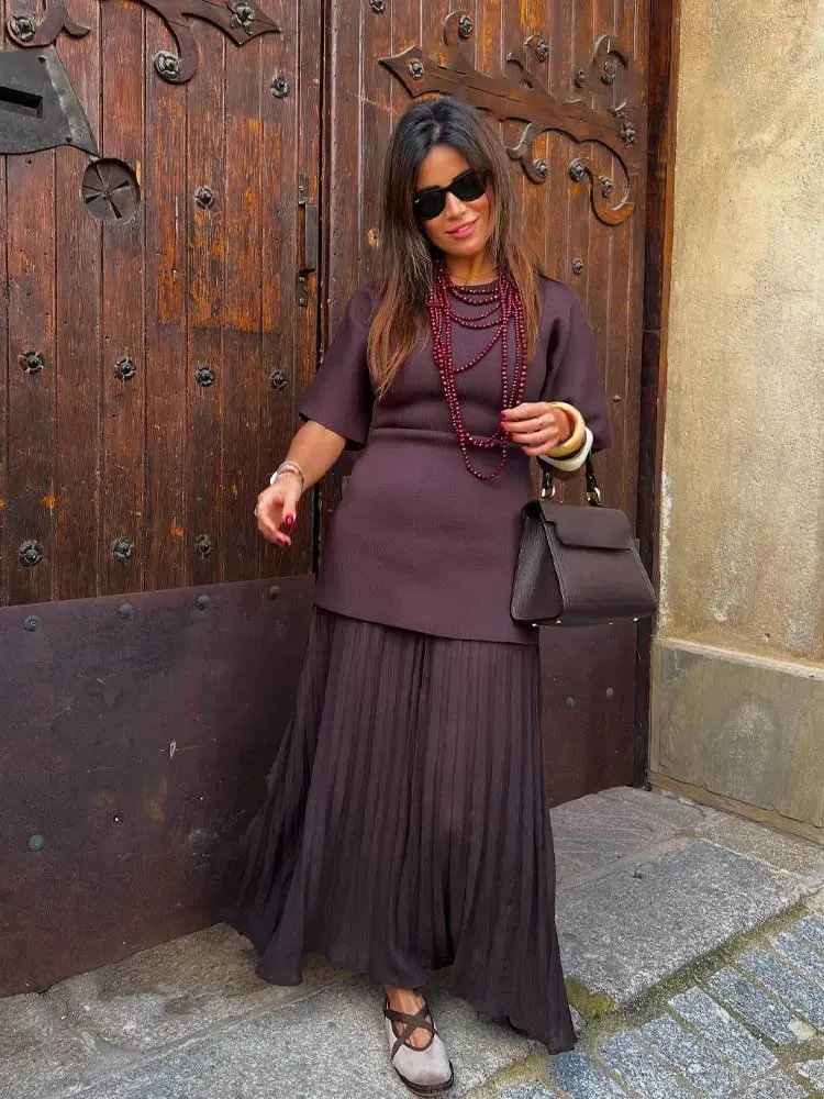 HH kobiety eleganckie pół rękawy O-kołnierz plisowana sukienka wiosna kobieta tylny zamek błyskawiczny łączenie Vintage w stylu Casual, długa sukienka z dzianiny — image 6