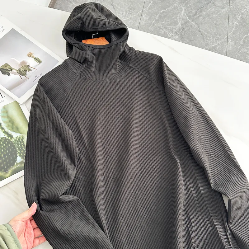 Lightweight Soft Elastic Waffle Grid Harajuku Style Half Face Hooded Loose Thin Sweatshirt Unisex Polyester Fiber Long Sleeve — image 1