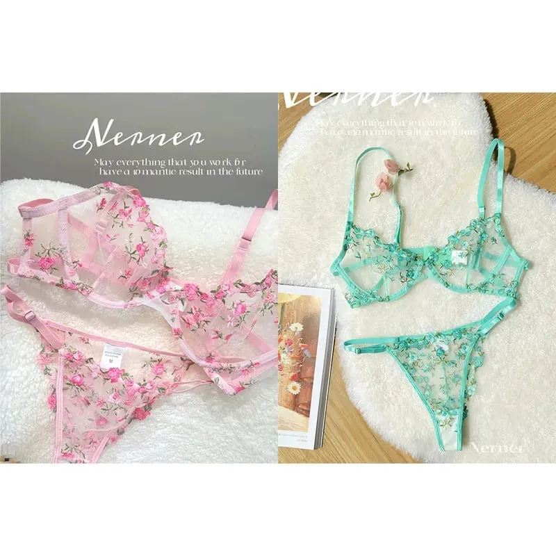 Korean Hot Lace Bra Set Floral Embroidery Transparent Mesh Ultra Thin Big Bust Modest Summer Ladies Daily Wear Underwear 32-38 — image 18