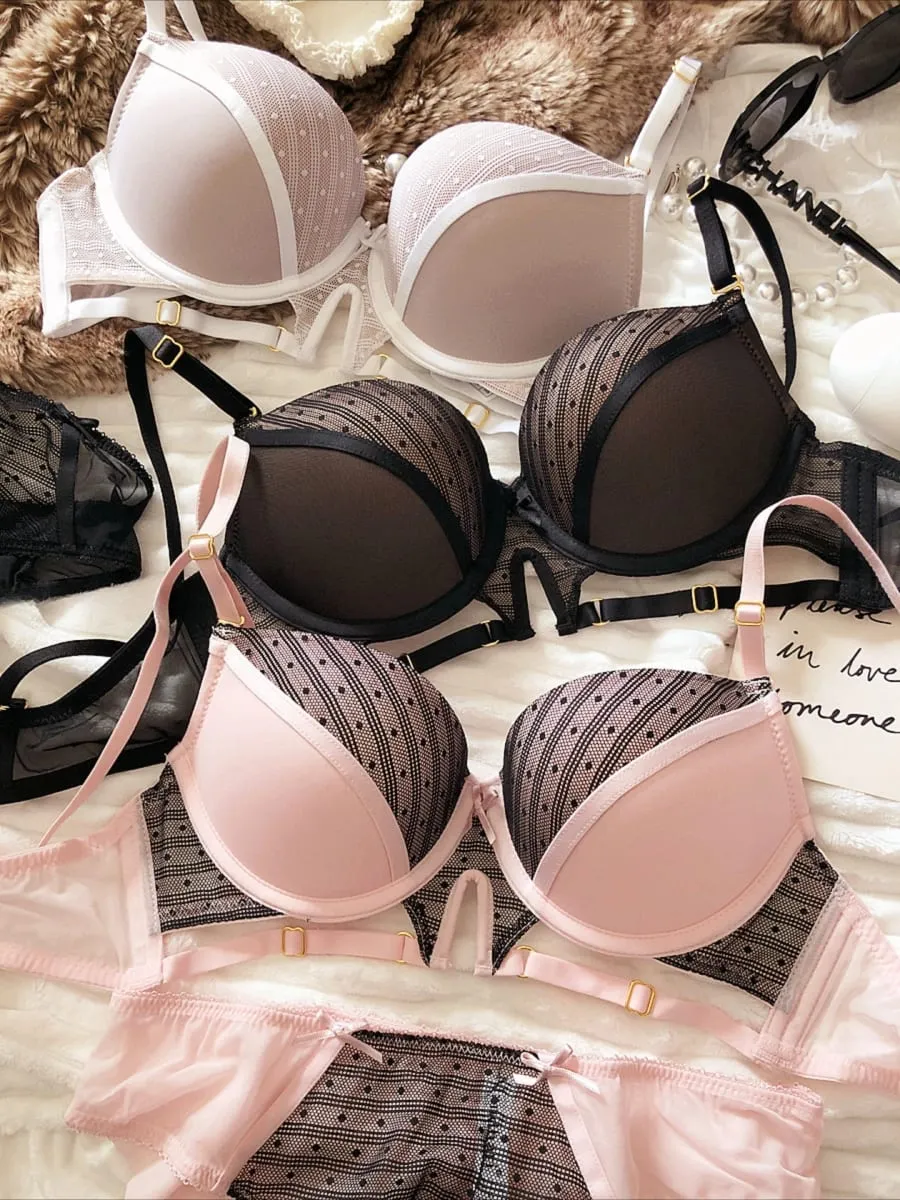 Sexy Hollow Underwear Set for Women 3/4 Cup Push Up Bra Lace Splicing Color Brassiere and Panties Ladies Intimates Lingerie — image 1