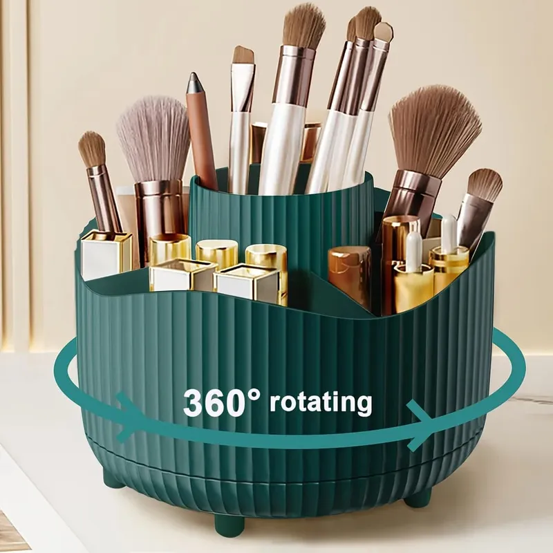 360-Degree Rotating Makeup Organizer 5 Slot Plastic Cosmetic Storage Elegant Stripe Versatile Holder for Brushes Office Supplies — image 1