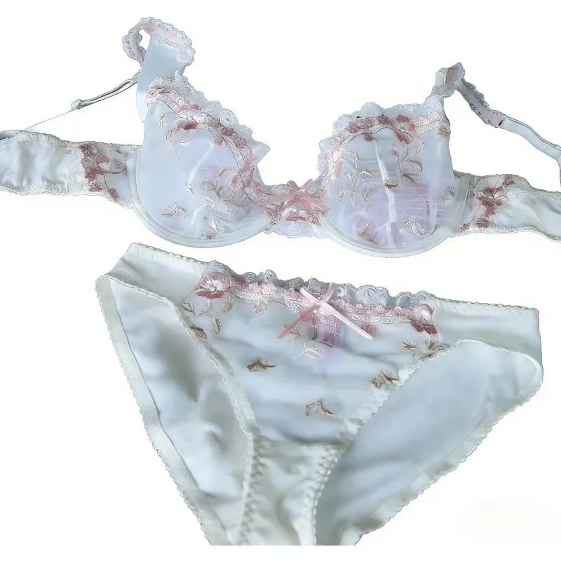 French Style Unlined Bra Set | Minimizer Lace Half Cup for Large Cup Size No Padding Thin Sheer Anti-Sagging Lingerie BANERDANNI
