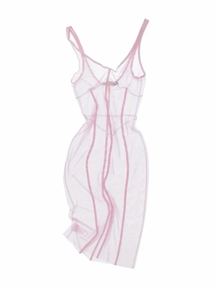 Lace Patchwork Sling Dress And Mesh Midi Cover-up See Through Sleeveless Spaghetti Strap Dresses Women 2026 Summer Sexy Chic Fit