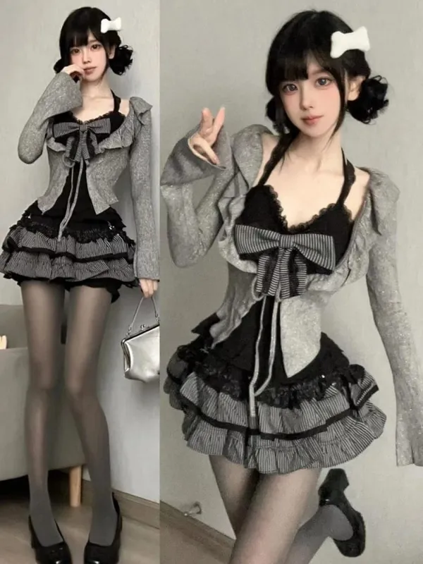 Sweet Knitted Sweater Dress Women Casual Long Sleeve Elegant French Y2k Mini Dress Even Party Spring Korean Fashion Dress Sets