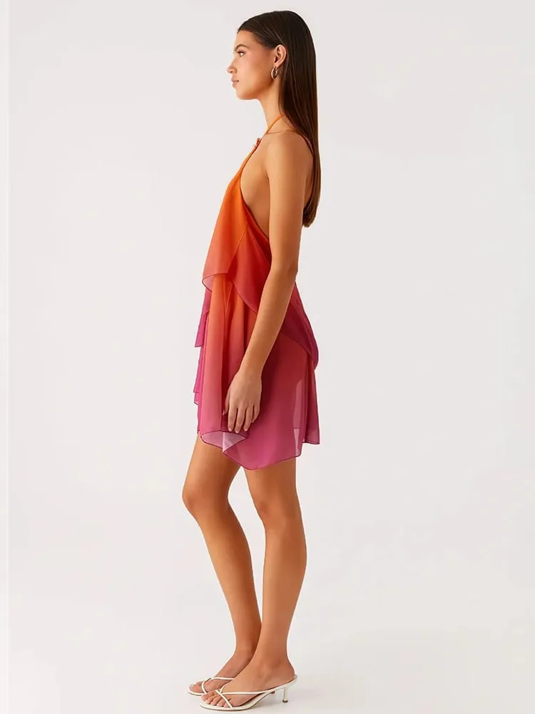 Mozision Gradient Halter Backless seksowna Mini sukienka damska suknia elegancki siatkowy zamek błyskawiczny Off-ramię bez rękawów klubowe sukienki imprezowe