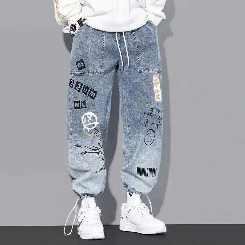 Korean Clothing Men Letter Printed Jeans High Waisted Baggy Jeans Cartoon Graffiti Hip-Hop Pants Blue Jeans