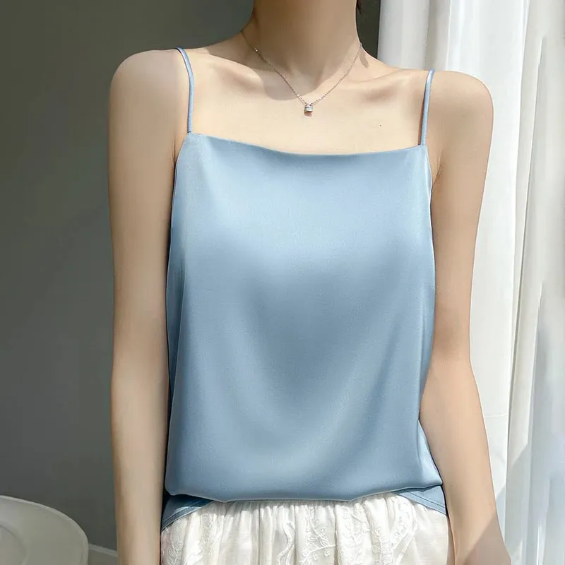 Silk Satin One-Shoulder Sexy Strap Vest Women's Sleeveless Suit Inner Wear Base Shirt Backless Commute Style Pure Color Summer