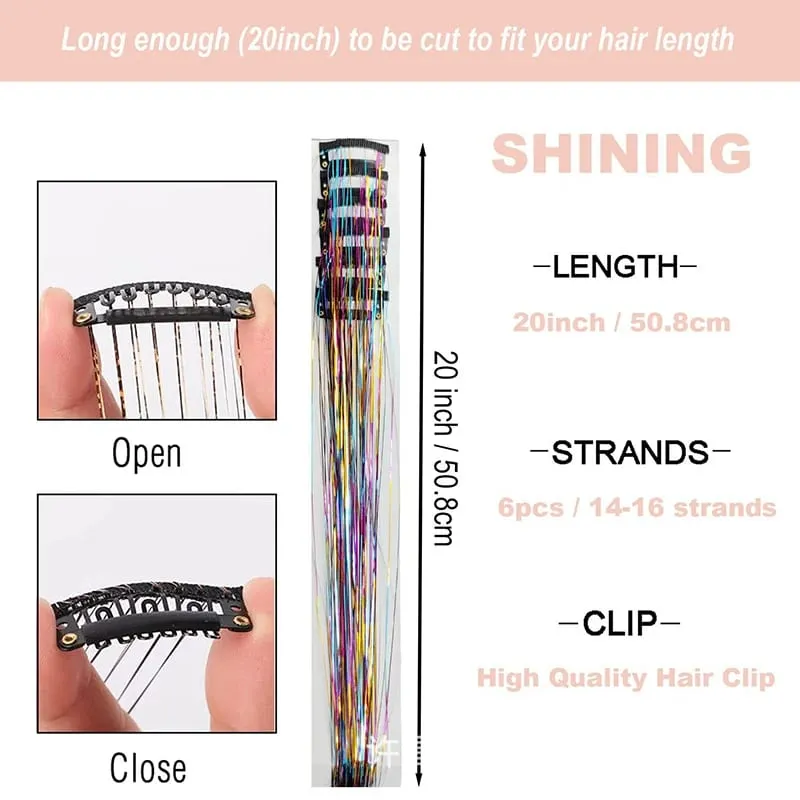 12pcs Per Pack of BB Hair Clips Shiny Metallic Hair Extensions with Clips Fairy Hair Sparkling Hair Accessories for Women.