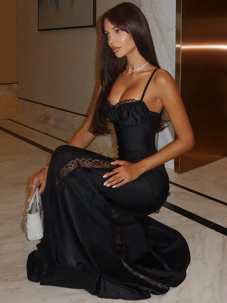 Mozision Spaghetti Strap Gaun Maxi Seksi Tanpa Belakang Gaun Wanita Lace Patchwork Tipis Tanpa Lengan Bodycon Club Party Dress Long
