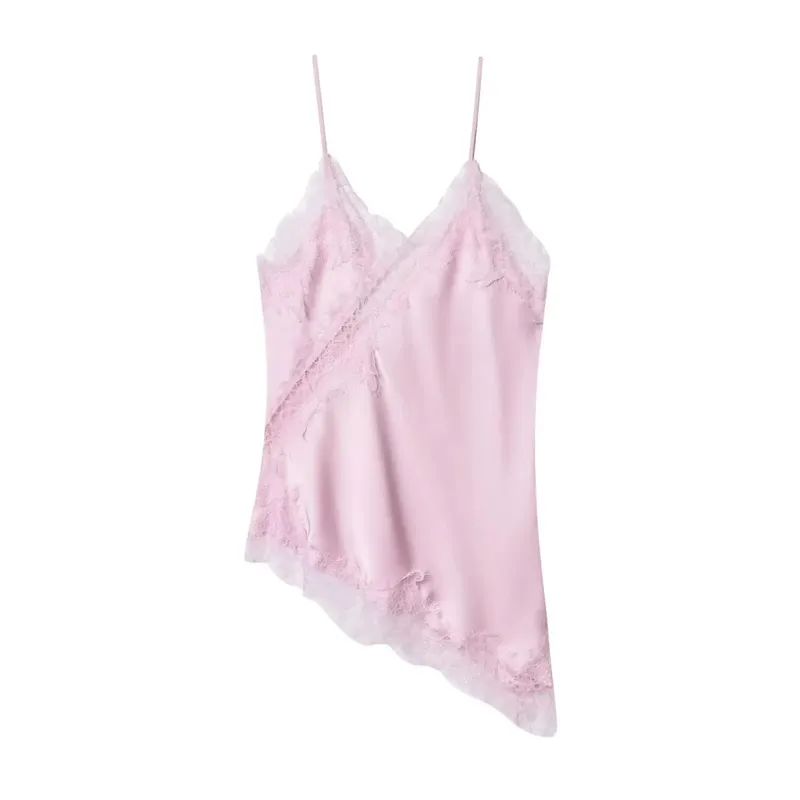 Bruin Satijn Kant Splicing Sling Jurk Vrouwen Elegante Onregelmatige Zoom V-hals Backless Mouwloze Jurk Chic Vrouwen Party Club vestidos