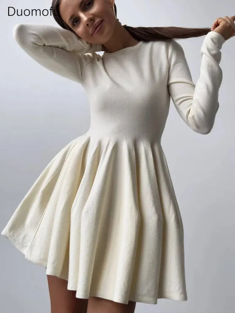 Duomofu Knit Mini Dresses Women Autumn Winter Long Sleeve Sweater Dress Female Elegant Fashion Slim A Line Pleated Dress Vestido