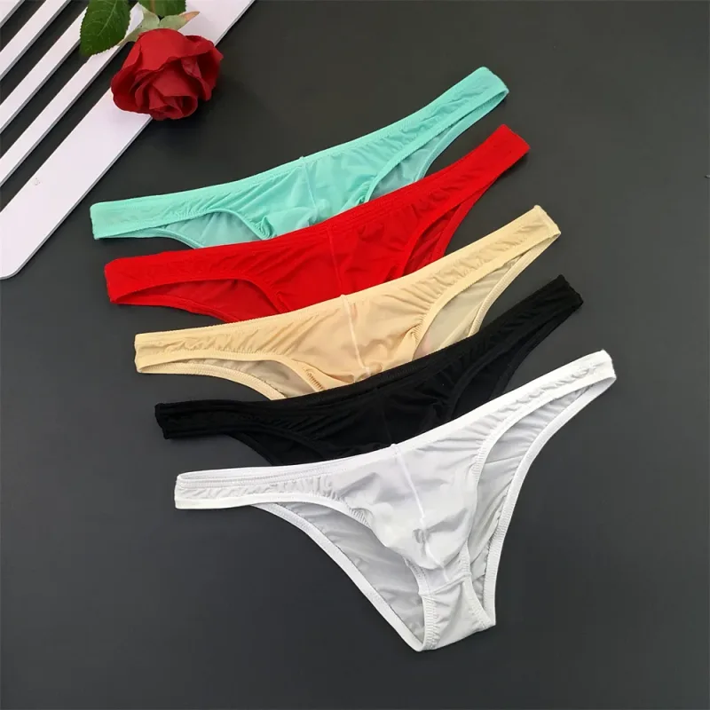 Slip en soie glacée pour hommes, 5 pièces, sous-vêtements avec poche en U, taille basse, sous-vêtements transparents Ultra fins, culottes Sexy grande taille pour hommes, nouvelle collection